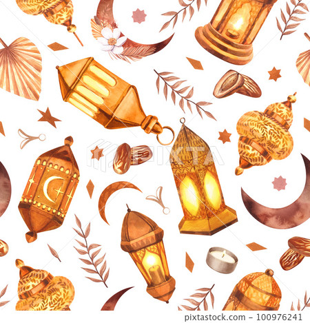 Watercolor painted seamless pattern islamic object. Hand-drawn illustration isolated on white background. For islamic celebration day ramadan kareem, eid al fitr adha, arab design. Watercolor painted seamless pattern islamic object. Hand-drawn illustration isolated on white background. For islamic celebration day ramadan kareem, eid al fitr adha, arab design. 100976241