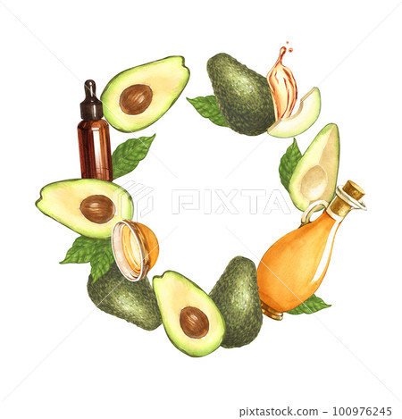 Watercolor round frame, ripe avocado and oil in glass bowl, top view. Hand-drawn illustration isolated on white background. Perfect food menu, food drawing, design packing, healthy eating concept 100976245