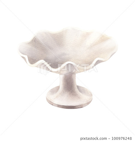 Watercolor empty ceramic round plate porcelain, ceramic plate front side view. Hand-drawn illustration isolated on white background. Perfect for food menu, food drawing, a bakery or cafe 100976248