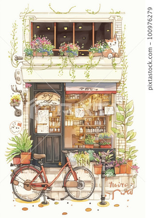 Watercolor retro style cafe storefront 100976279