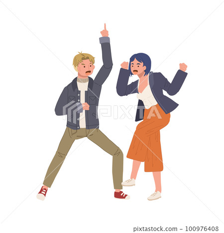 happy dancing people , male and female dancing together. man and woman enjoying dance party. Flat vector cartoon illustration happy dancing people , male and female dancing together. man and woman enjoying dance party. Flat vector cartoon illustration 100976408