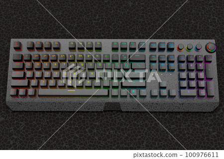 Realistic computer keyboard with black chrome texture isolated on black background. 3D render of streaming gear for cloud gaming and gamer workspace concept 100976611