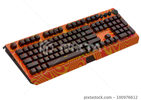 Realistic computer keyboard with seamless wavy pattern isolated on white background. 3D render of streaming gear for cloud gaming and gamer workspace concept 100976612