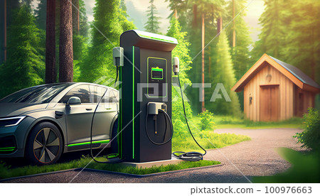 EV Car or Electric vehicle at charging station with the power cable pump supply plugged, car fueling station connected power, alternative sustainable eco energy, Generative AI EV Car or Electric vehicle at charging station with the power cable pump supply plugged, car fueling station connected power, alternative sustainable eco energy, Generative AI 100976663