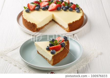 Homemade New York cheesecake slice decorated with fresh berries closeup on the plate. Horizontal Homemade New York cheesecake slice decorated with fresh berries closeup on the plate. Horizontal 100976833