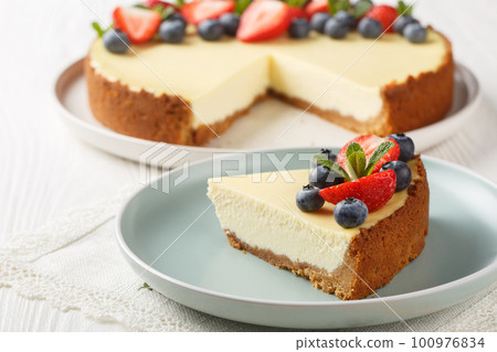 Classical New York Cheesecake With Slice Cut Out. Closeup. Horizontal Classical New York Cheesecake With Slice Cut Out. Closeup. Horizontal 100976834