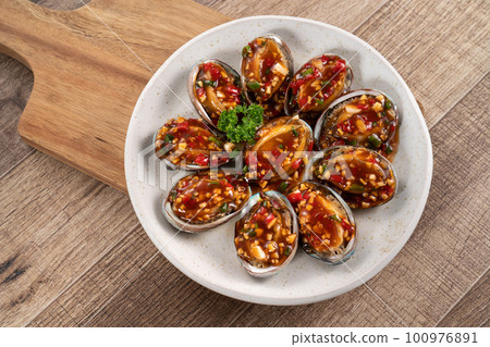 五味鮑魚 鮑魚 海鮮 食物 五味醬 abalone meal アワビ あわび 鮑 100976891