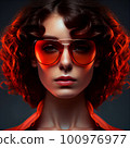 AI Generated Portrait of a beautiful girl with brown curly hair in red aviator glasses with red illumination 100976977
