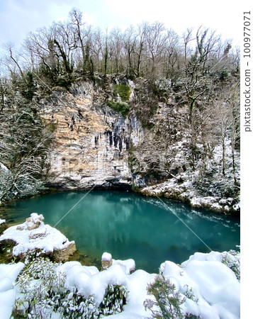 Abkhazia, blue lakes in winter. Beautiful winter nature Abkhazia, blue lakes in winter. Beautiful winter nature 100977071