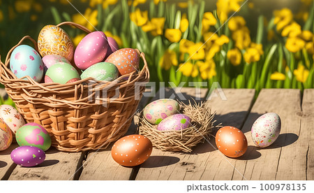 Composition of colourful Easter eggs in wicker basket outside. Happy Easter concept Composition of colourful Easter eggs in wicker basket outside. Happy Easter concept 100978135