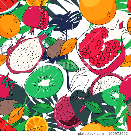 Seamless pattern with bright stylized fruits. Mood of summer. Multicolored illustration. Seamless pattern with bright stylized fruits. Mood of summer. Multicolored illustration. 100978432