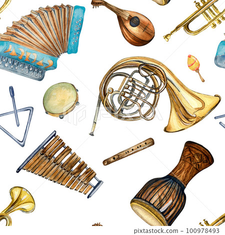 Musical instruments seamless pattern watercolor isolated on white. Musical instruments seamless pattern watercolor isolated on white. 100978493