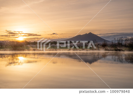 Chikusei City, Ibaraki Prefecture: Cherry blossoms at Mokojima Reservoir and reflection of Mt. Tsukuba Chikusei City, Ibaraki Prefecture: Cherry blossoms at Mokojima Reservoir and reflection of Mt. Tsukuba 100979848