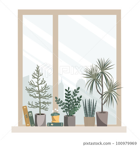 Houseplants, and books on the windowsill. Indoor plants at the window, cozy home or office design element. Vector isolated illustration in a flat style. Houseplants, and books on the windowsill. Indoor plants at the window, cozy home or office design element. Vector isolated illustration in a flat style. 100979969