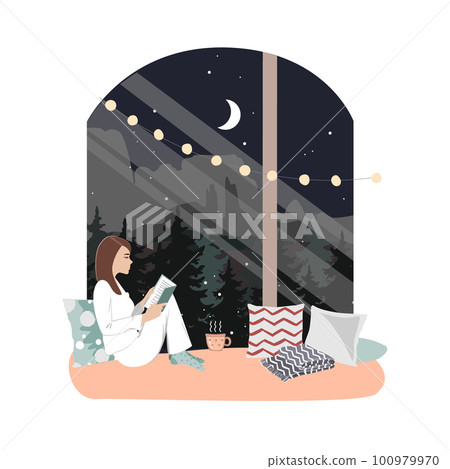 Young woman reading book in the window at night. Drinking tea and reading in the city, cartoon vector illustration Young woman reading book in the window at night. Drinking tea and reading in the city, cartoon vector illustration 100979970