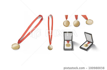 Blank gold medal with red ribbon mockup, different views 100980038