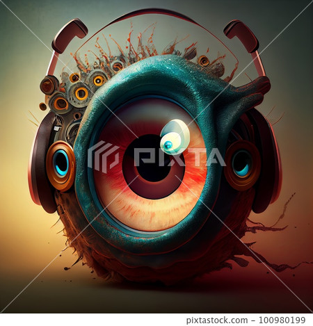 Creative image of the human eye in headphones Creative image of the human eye in headphones 100980199