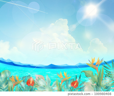 Beautiful sea, palm leaves and red flowers-bird of paradise flower-summer fashionable fantasy frame background material Beautiful sea, palm leaves and red flowers-bird of paradise flower-summer fashionable fantasy frame background material 100980408