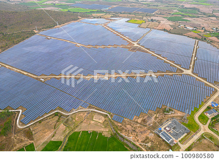 Solar cell panels at solar farm, drone view. Green energy concept. 100980580