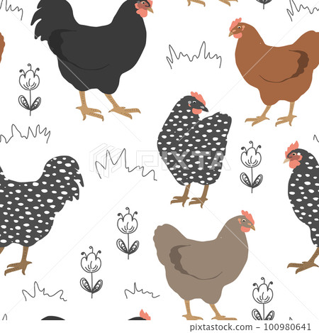 Seamless spring pattern with cute chickens and flowers. Vector graphic illustration 100980641