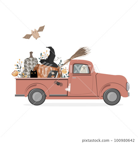 Trick or Treat Halloween Spooky Red Pick-up Vector. Cute characters bat, cat, pumpkin, broom, and ghost. Halloween Party isolated design element illustration. Holiday fun vector invitation background 100980642