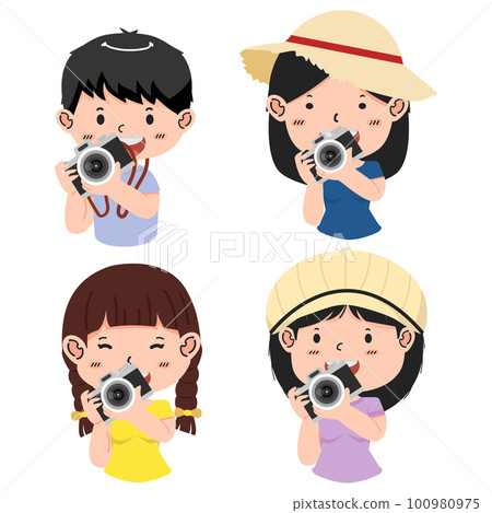 Kid boy or girl holding camera cartoon set Kid boy or girl holding camera cartoon set 100980975