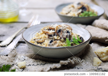 Italian food. Mushroom risotto, olive oil and grated parmesan cheese gressing 100981182