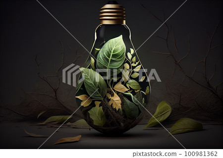 Eco friendly grass lightbulb fresh leaves, Concepts of environmental conservation circular economy environment sustainability, Renewable Energy, Generative AI 100981362
