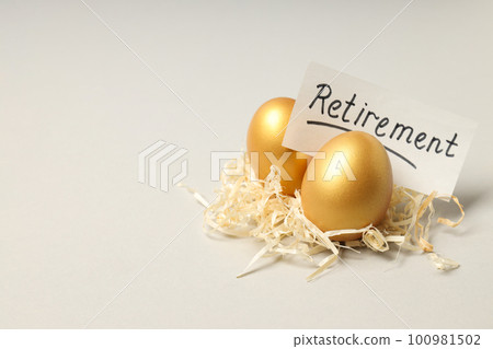 Golden eggs, pension savings, investments, retirement, space for text Golden eggs, pension savings, investments, retirement, space for text 100981502