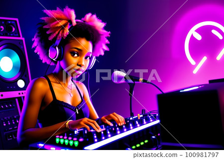 Beautiful African American girl dj with headphones 100981797