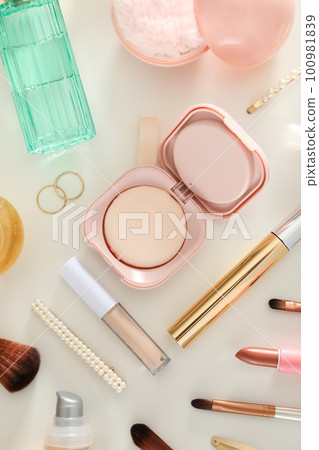 Concept of cosmetic and different female accessories, top view 100981839