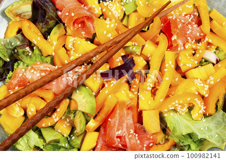 Asian salad with trout, healthy meal Asian salad with trout, healthy meal 100982141