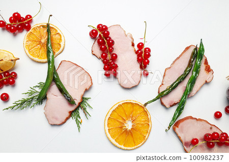 Concept of tasty food, ham, top view 100982237