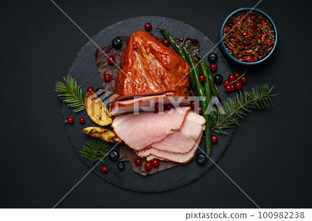 Concept of tasty food, ham, top view 100982238