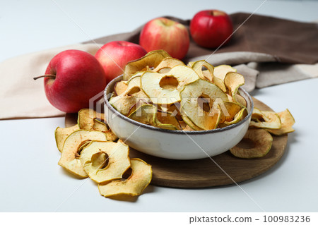 Concept of tasty food, dried apple chips 100983236
