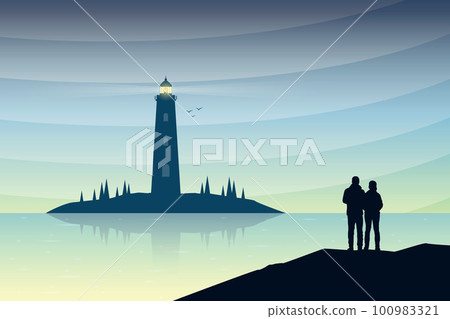 lovely couple on lighthouse seascape with mopuntain view at sunset lovely couple on lighthouse seascape with mopuntain view at sunset 100983321