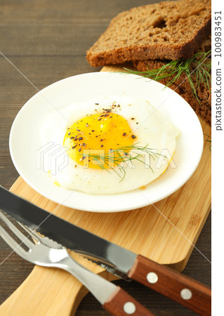 Concept of tasty breakfast with delicious food, close up 100983451