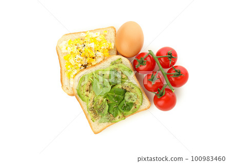 Concept of tasty breakfast with sandwiches, isolated on white background 100983460