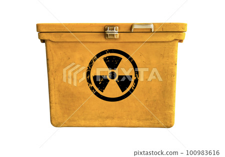 Black radioactive sign on yellow container isolated with clipping paths on white background Black radioactive sign on yellow container isolated with clipping paths on white background 100983616