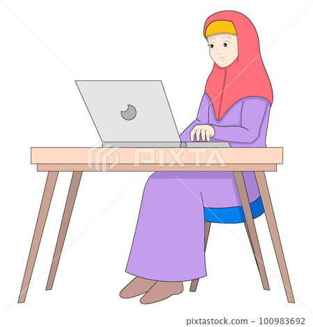 islamic girl is working from home for international 100983692