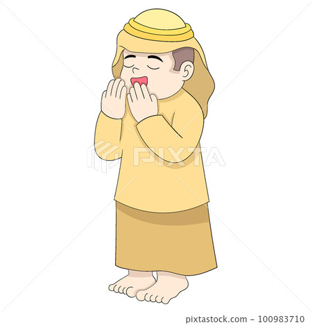 Islamic boy is extending his hands in prayer to God 100983710