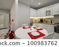 Interior of bright modern kitchen decorated for Christmas 100983762