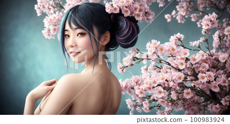 A close up chest portrait of a young beautiful asian japanese woman background of blooming sakura. AI generative image 100983924