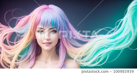A close up headshot portrait of a young beautiful woman with rainbow multi-colored hair. AI generative image A close up headshot portrait of a young beautiful woman with rainbow multi-colored hair. AI generative image 100983939