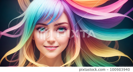A close up headshot portrait of a young beautiful woman with rainbow multi-colored hair. AI generative image 100983940