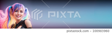 A banner with close up headshot portrait of a young beautiful woman with rainbow multi-colored hair. Copyspace. AI generative image 100983960
