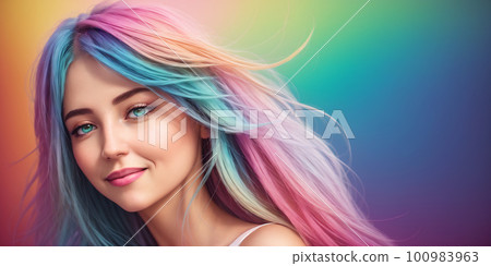 A close up headshot portrait of a young beautiful woman with rainbow multi-colored hair. AI generative image 100983963