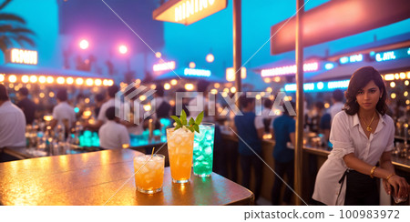 Young beautiful Indian lady sitting with alcohol cocktail in the beach cafe. Defocused background of cafe with unrecognizable people. Purely AI generated image, this person is not Young beautiful Indian lady sitting with alcohol cocktail in the beach cafe. Defocused background of cafe with unrecognizable people. Purely AI generated image, this person is not 100983972