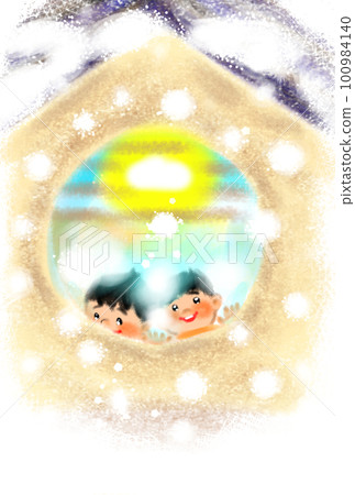 Children looking at the snow from the window in the house 100984140