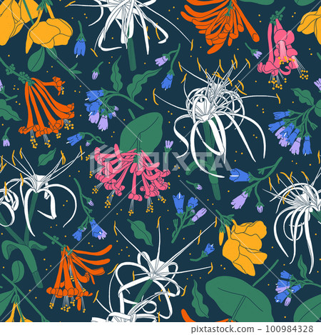Fantastic flowers on blue, floral pattern illustration 100984328
